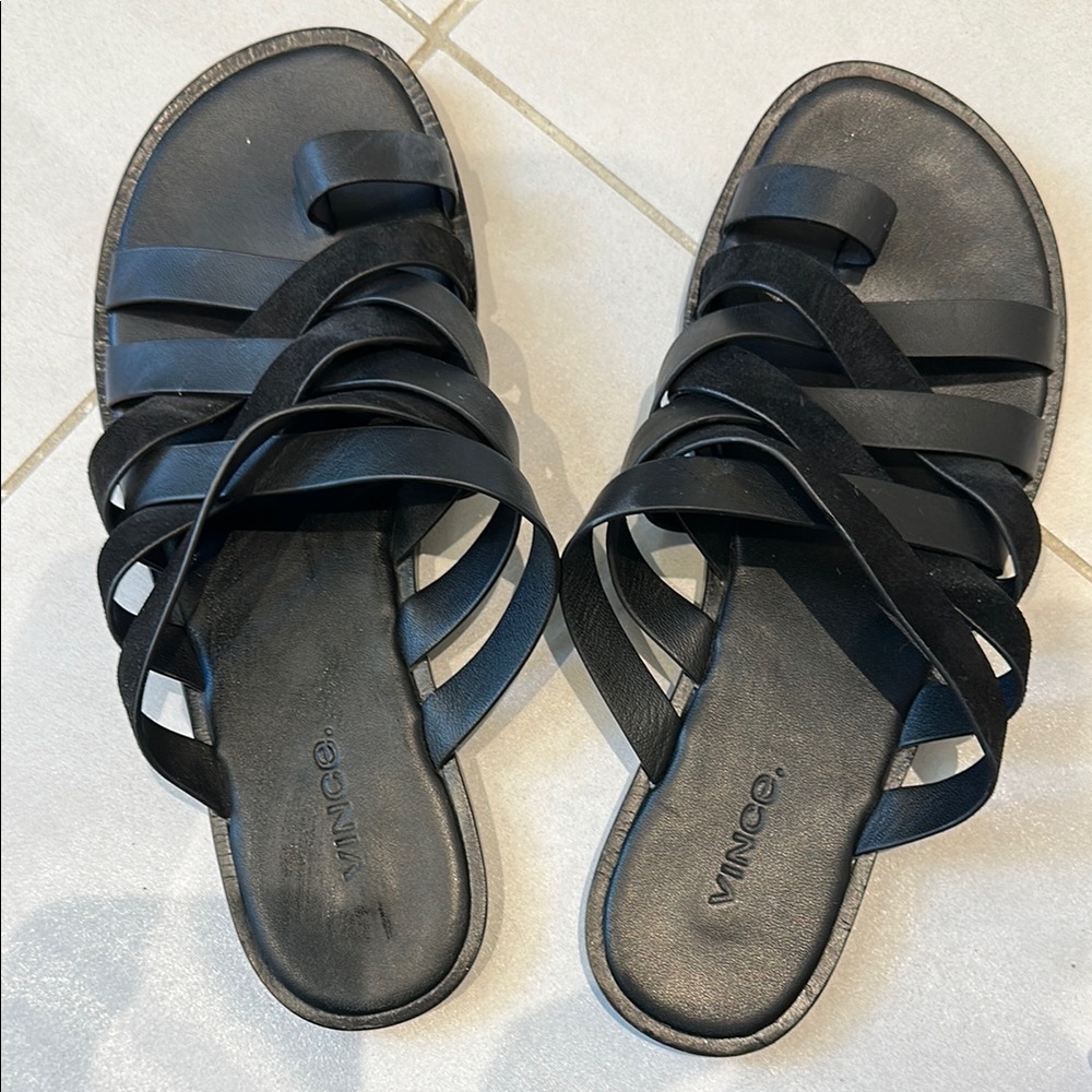 Vince Black Flat Sandals with Strappy Design